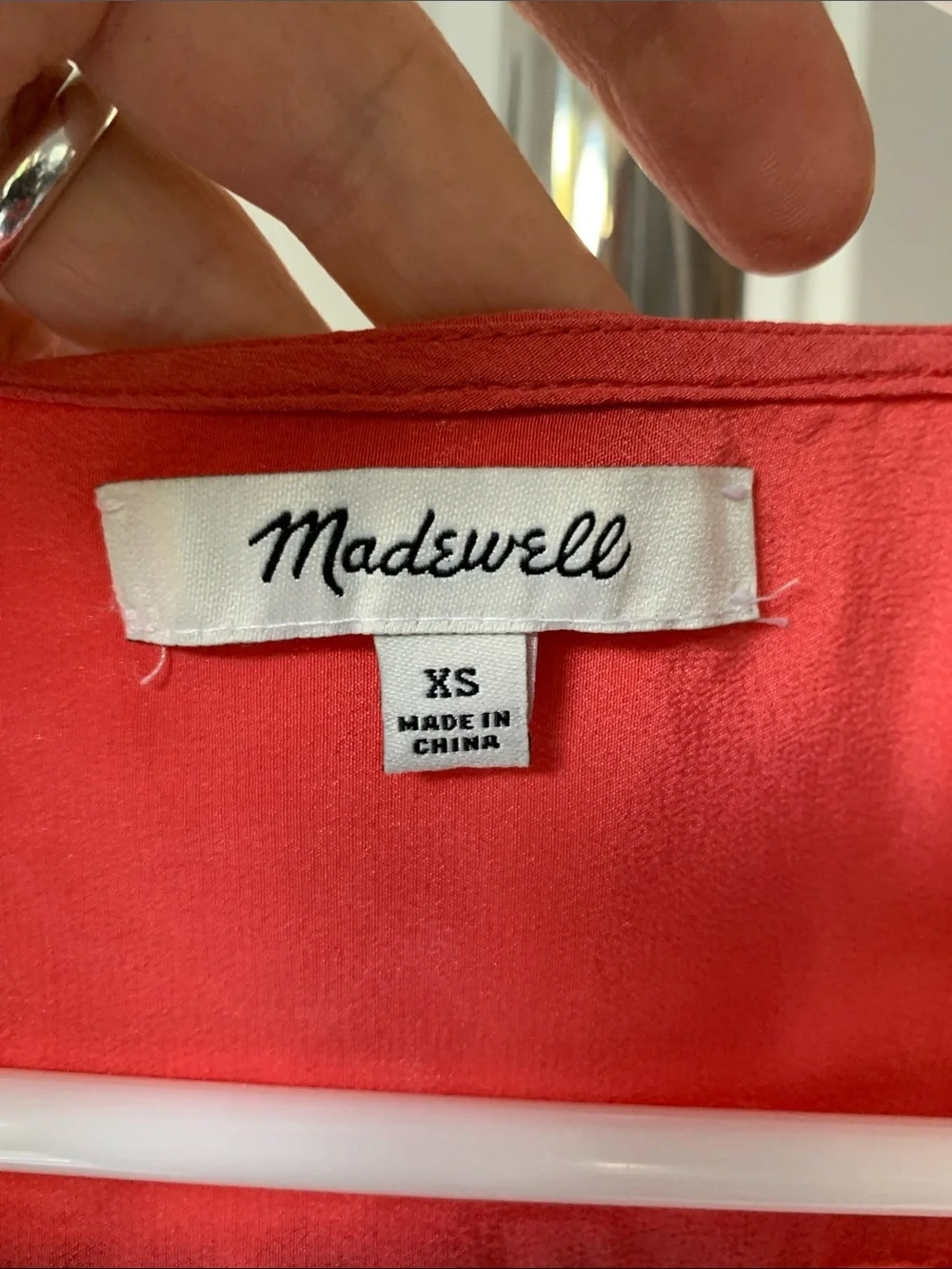 Madewell Coral-Red Silk Wrap Blouse with Tie Waist, Size XS.